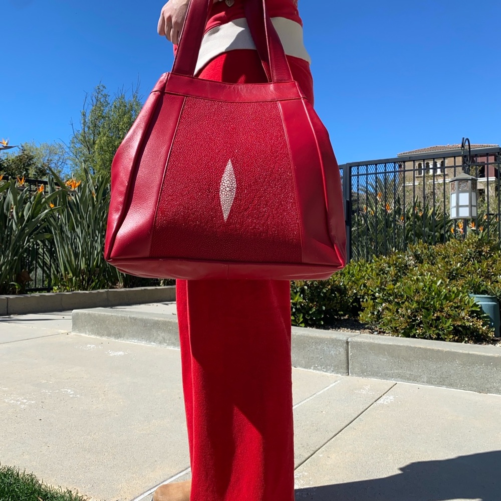Real Stingray Red Leather Tote Bag